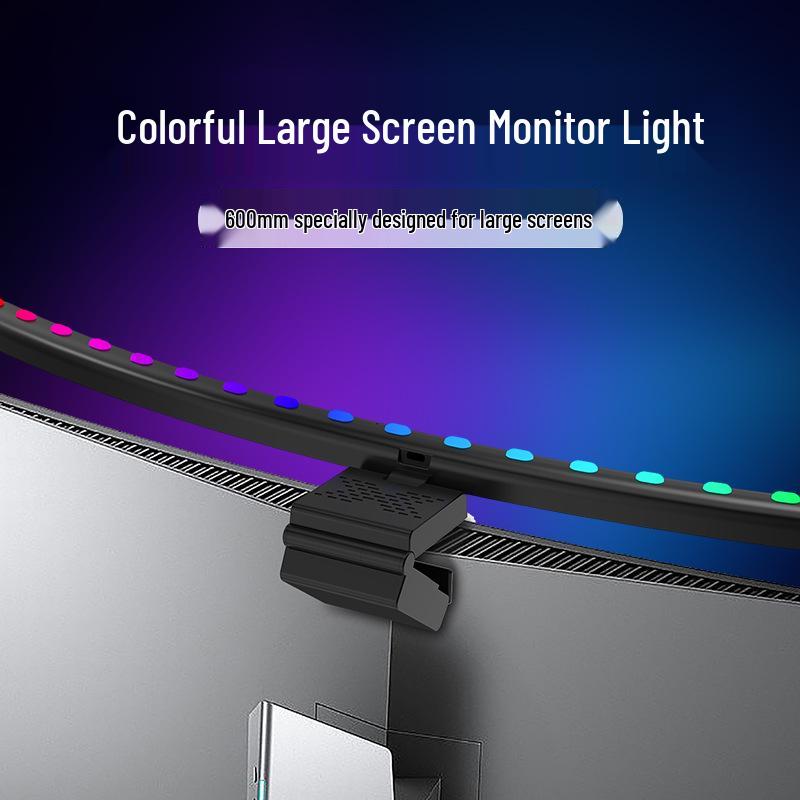 Curved Screen Hanging Lamp with Seven-Color LED, Sound-Reactive Rhythm, and Eye Protection Features.