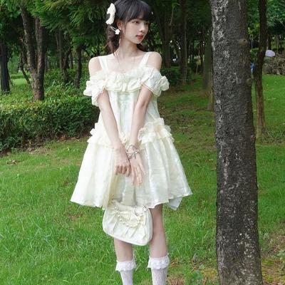 Japon Lolita Kawaii Mini Elbise Kadın Kore Tatlı Askılı Parti Elbisesi Kadın Fransa Zarif Peri Elbisesi Yaz