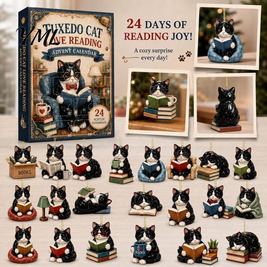 Cute Cat Rabbit Ornaments 24 Days Christmas Advent Calendar 2026, 2D Acrylic Reading Cats/Dogs/Forest Animals Surprise Unboxing Gift Ornament