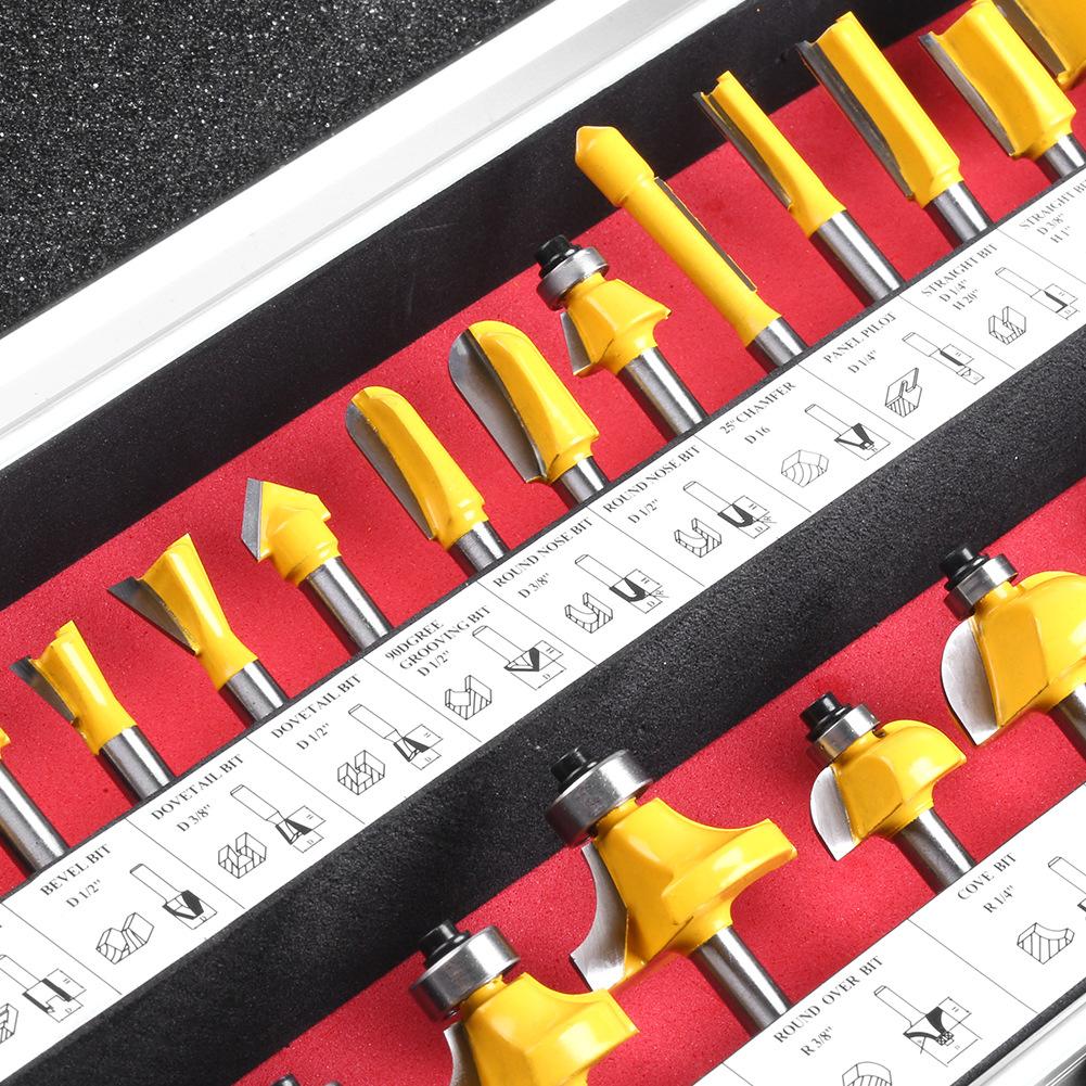 24-Piece Set 1/4 Handle Woodworking Milling Cutter 1/4 Handle Trimming Machine Engraving Machine Cutter Head Woodworking Tool Rounded Corner Slotting