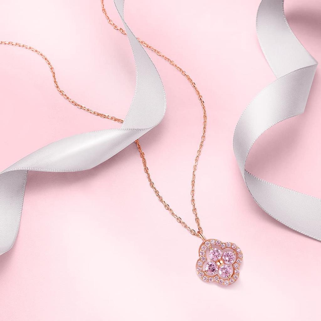 Clover Necklace for Symbol of Good 925 Pink Zirconia Birthday White Present [Free Bird] Four-leaf Women, Luck, Silver, Hypoallergenic, Pendant,