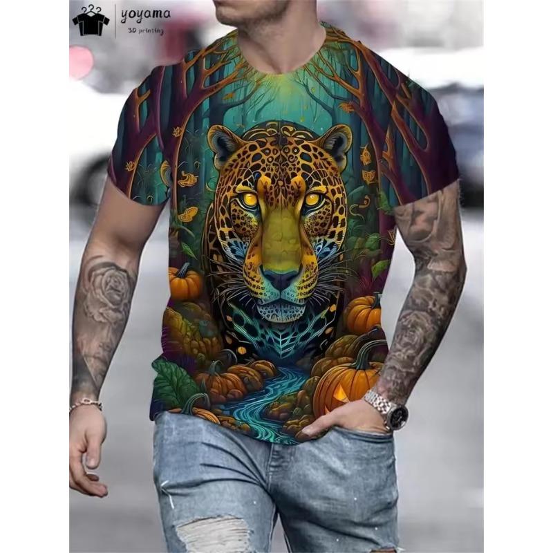 Men‘s T Shirt Men's Stylish Leopard Pattern Animal Print Y2k Casual Short Sleeve O Neck Tee Loose Top Outdoor Oversized Clothing