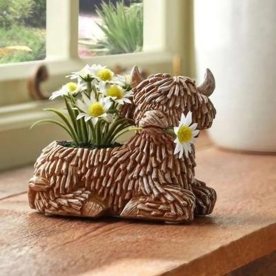 Nyhet Highland Yak Blomkruka Resin Ornament, Highland Ko Hem Vardagsrum Skrivbordsskulptur Växt Blomkruka Dekoration, Julklapp