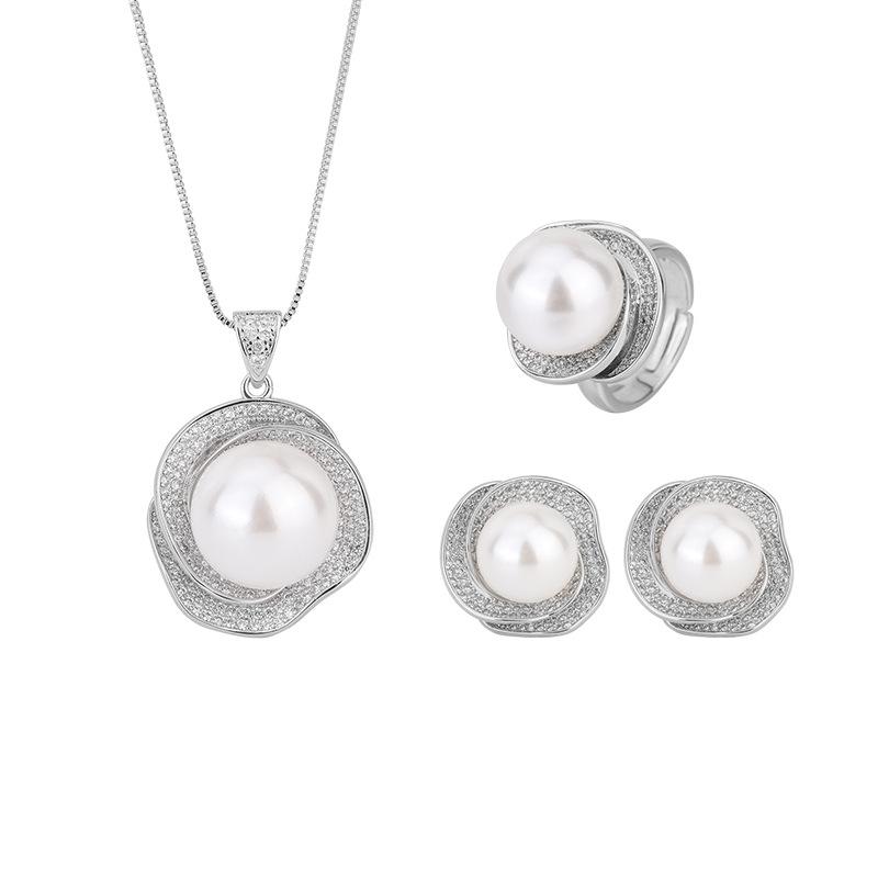 Jewelry White Shell Beads Rose Geometric Diamond Set Individual Packaging Ring Pendant Earrings Set