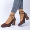 Mote Klassisk Brun Fuskemocka Hælpumps Damer Sommer Høst Justerbar Ankelspenne Høyhælte Sko Dame Firkantet Tå Pumps Damer