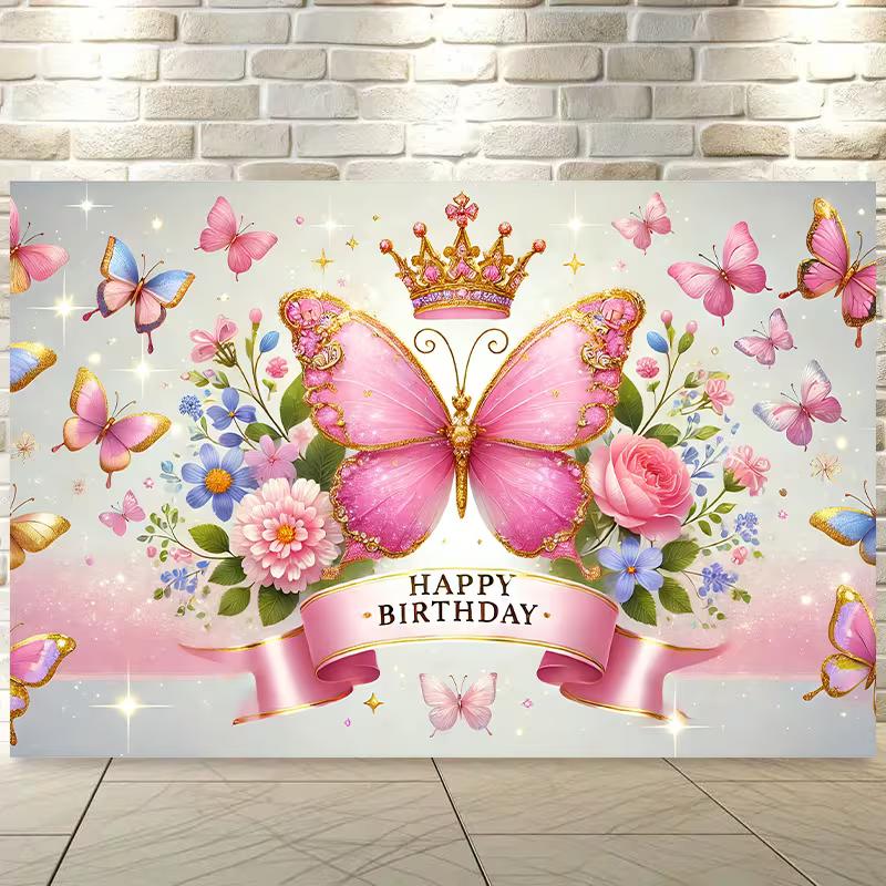 

2D Princess Birthday Backdrop, Pink Butterfly with Crown, Roses and Sparkles Party Background Cloth 47.2x31.5inch/120*80cm