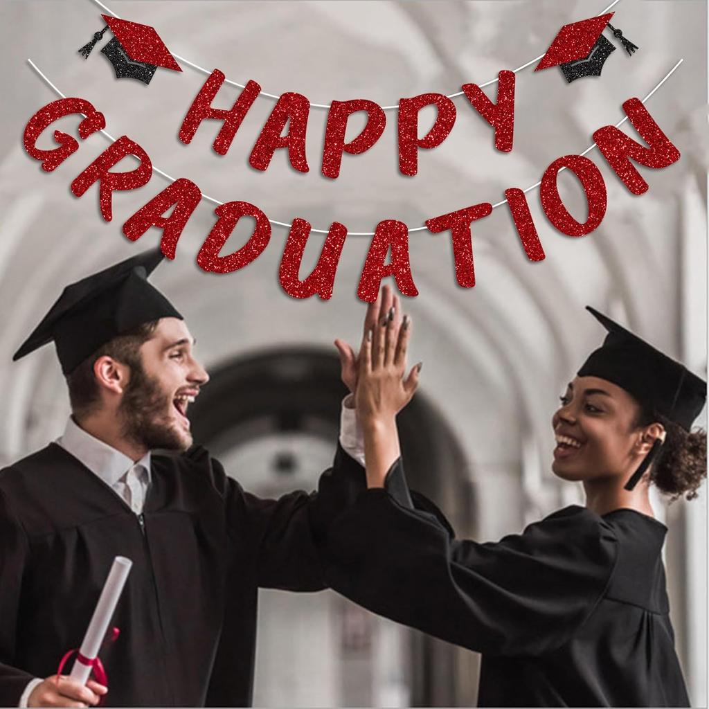 Red Happy Graduation Banner for 2026 Grad Party Decorations Glitter Cap Congrats Grad Banner Sign for Class of 2026 Graduation Decorations