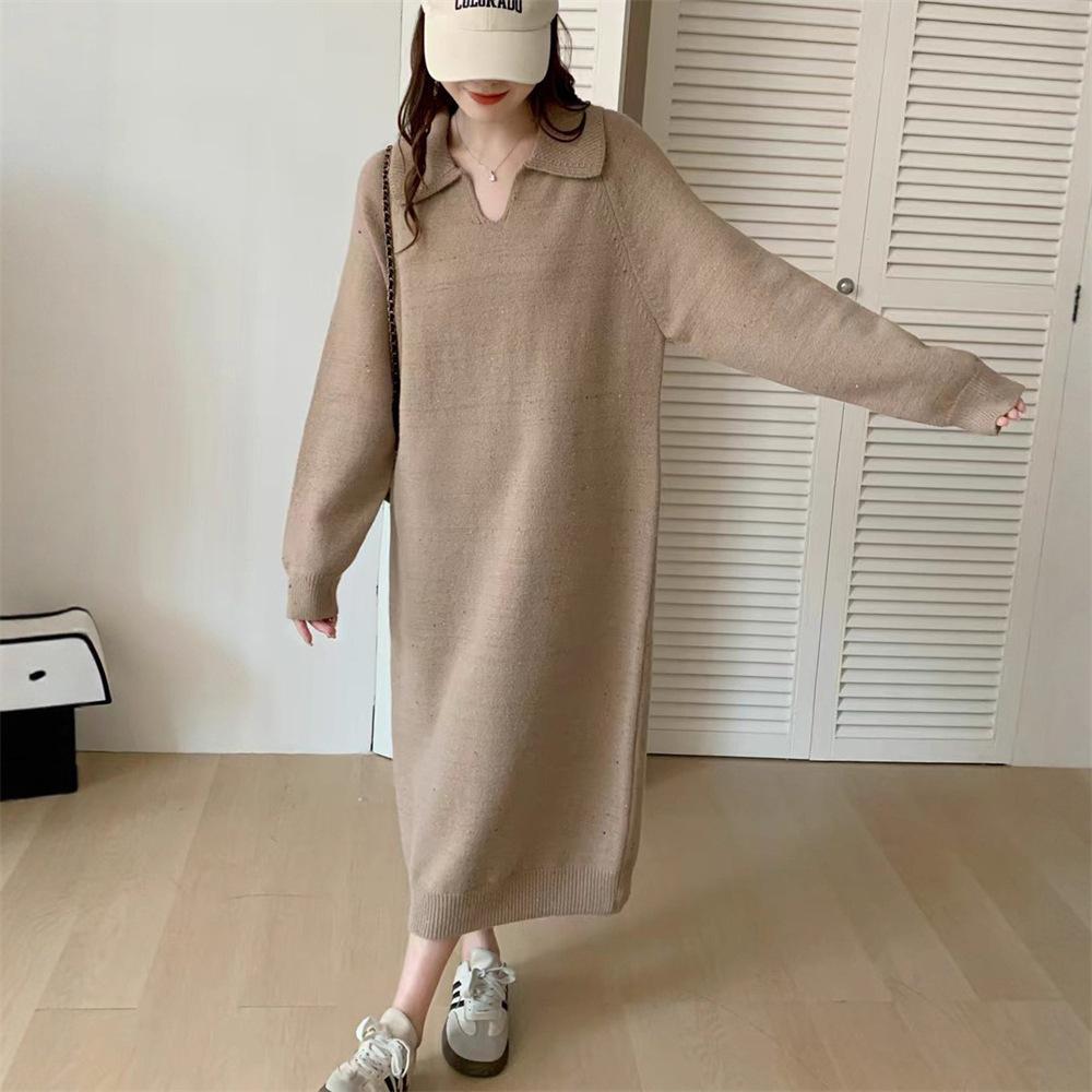 Long Knitted Dress for Women's Autumn and Winter New Loose and Lazy Polo Collar with Coat Backing Sweater Dress for Women