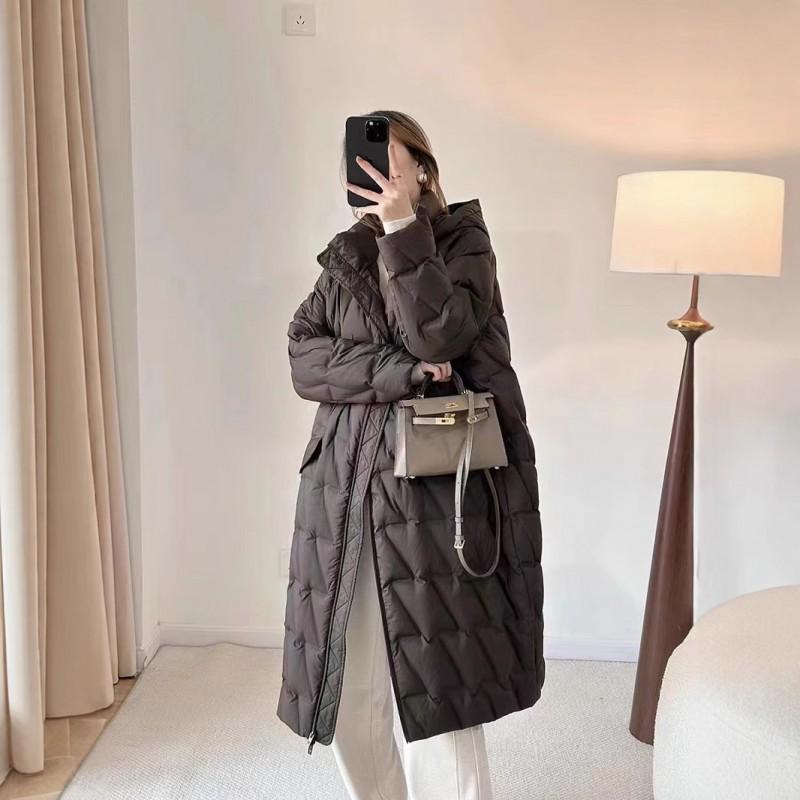 Womens Lightweight Hooded Down Coat Winter Mid-Length Slim Fit White Duck Puffer Jacket In Beige Brown Black Sage Green