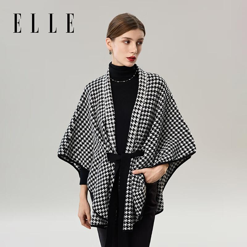 ELLE Women's Retro Houndstooth Wool Blend Shawl Cape