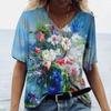 Summer V-neck 3D Printed Ink Wash Painting Flower Graphics Top Fashionable Casual Short Sleeved Women's T-shirts