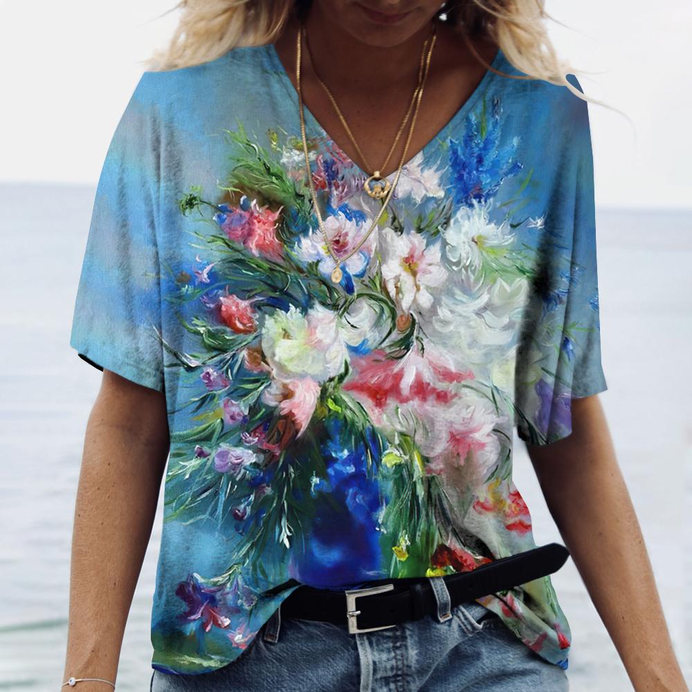 Summer V-neck 3D Printed Ink Wash Painting Flower Graphics Top Fashionable Casual Short Sleeved Women's T-shirts