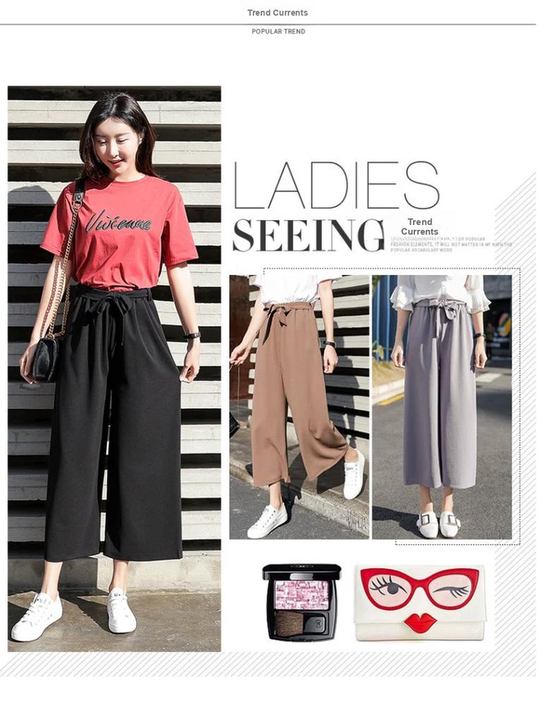 Women's Spring Korean Style Wide Leg Pants Loose Chiffon Casual Straight Leg Trousers with Tie Waist and High Waist for Summer