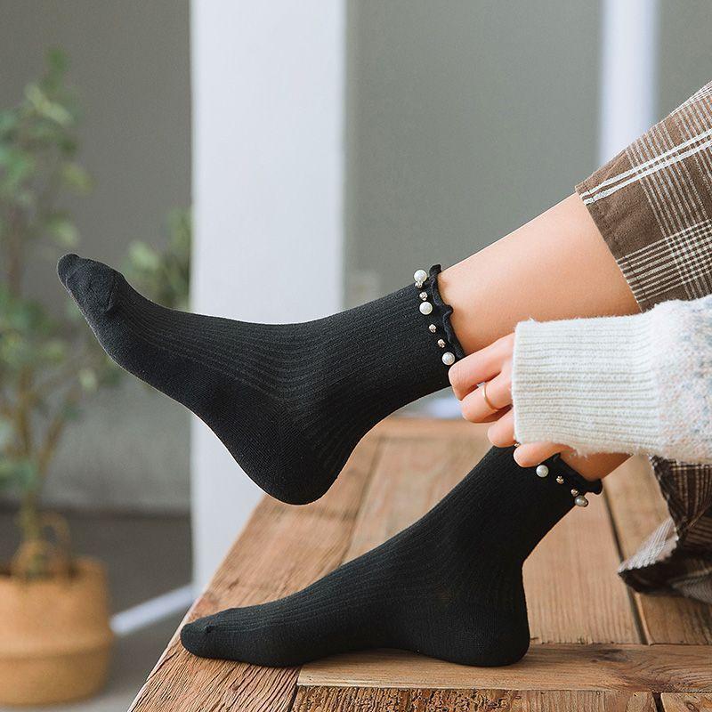 Children's pearl thin medium tube Japanese lace new ins curling socks fungus edge fashion cotton socks black
