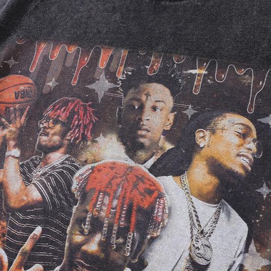 High Street Vintage Figure Hip Hop Rapper Printed Short Sleeve T-Shirt Men'S And Women'S Oversized Street Half Sleeves