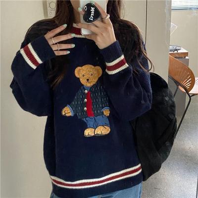 Vintage Cartoon Bear Embroidery Knitted Sweater Women Autumn Winter Harajuku Loose Pullover Korea Warm Sweet Kawaii Jumpers