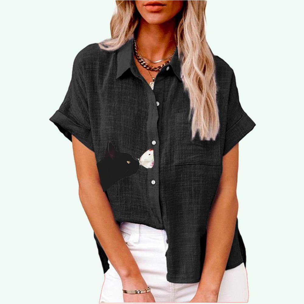 Sommer- und Herbstmodisches Revers-Oberteil für Damen mit Katzen-Print, kurzärmeliges T-Shirt, lässige Leinenblusen mit Tasche