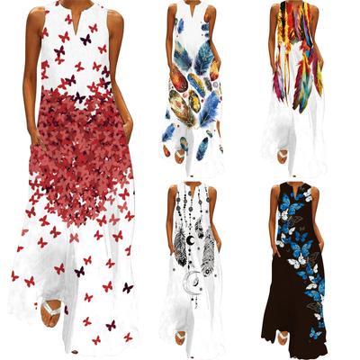 Summer Women's Fashion and Sexy Digital Printing V-neck Sleeveless Long Dress Pocket Dress S-XL
