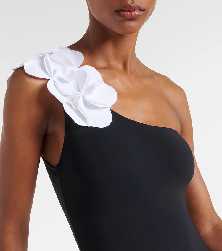 2024 Stylish Black & White 3D Floral Bandeau One-Piece Swimsuit for Women