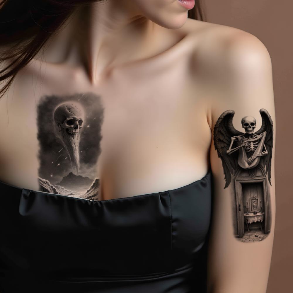 3 Stück Temporäre Tattoos Wasserdicht Langlebig Körperaufkleber Totenkopf mit Krähe Totenkopf mit Spinne und Portal Skelett mit Flügeln Für