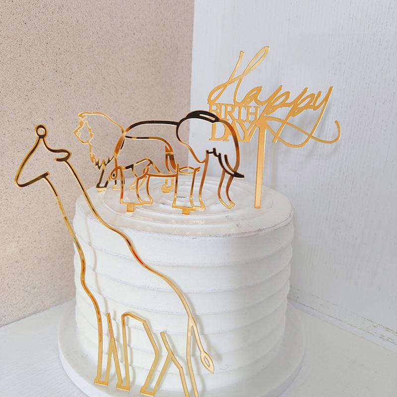4Pcs  Animal Theme Happy Birthday Acrylic Wood Cake Topper Giraffe Cake Toppers