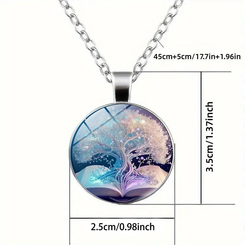 Time Gem Tree of Life Pattern Round Glass Pendant Necklace