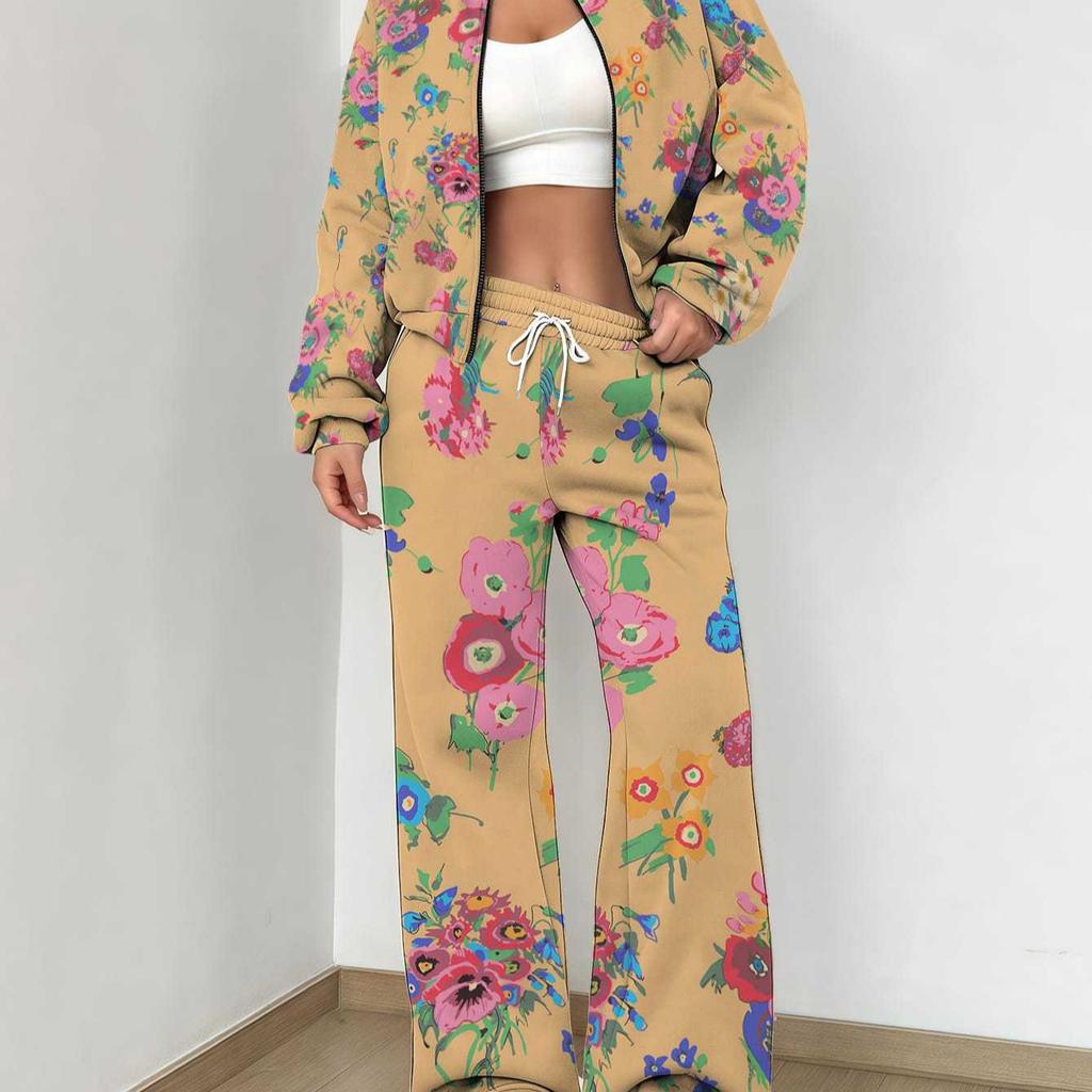 Striped Autumn And Winter New European And American Women'S Clothing Pink Flower Printing Suit Women
