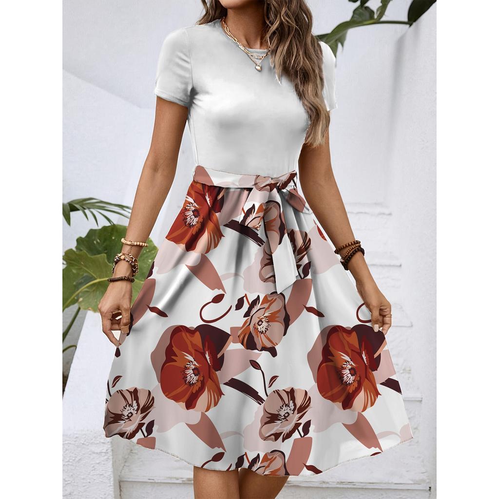 Women's Fashionable Retro Patterned Printing Color Blocked Belt Casual Dress