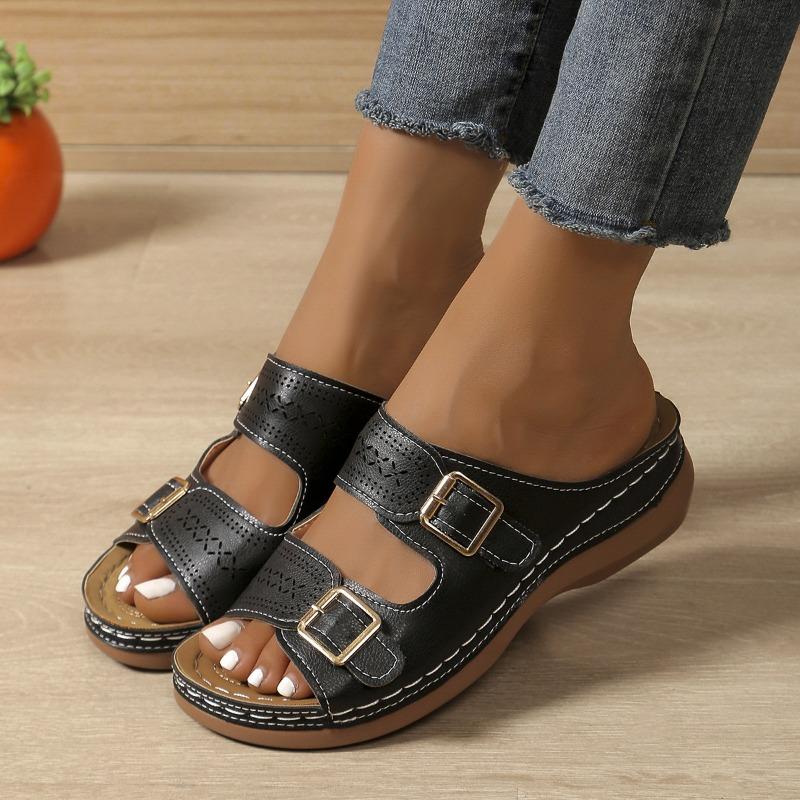 New large-size women's shoes engraved belt buckle platform slippers women's slope heel light outer wear cool slippers