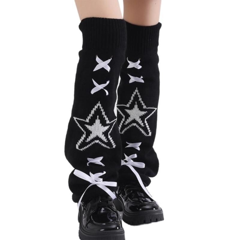 Women's Punk Star Pattern Knitted Leg Warmers with Ribbon Bows Flared Boot Covers Knee Length Socks Japanese Streetwear