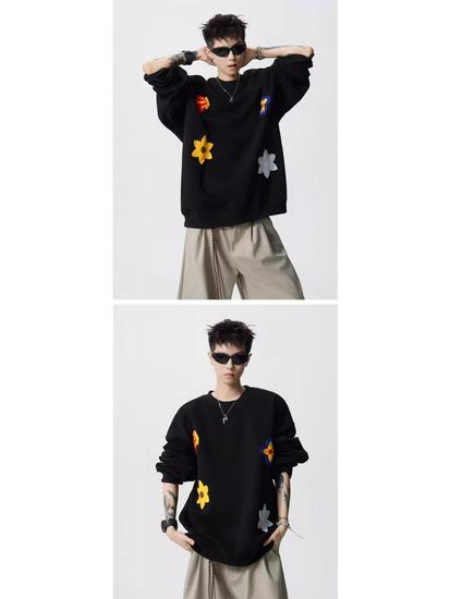 Unisex Floral Embroidered Sweatshirt - Spring & Autumn Trendy Round Neck Casual Base Layer