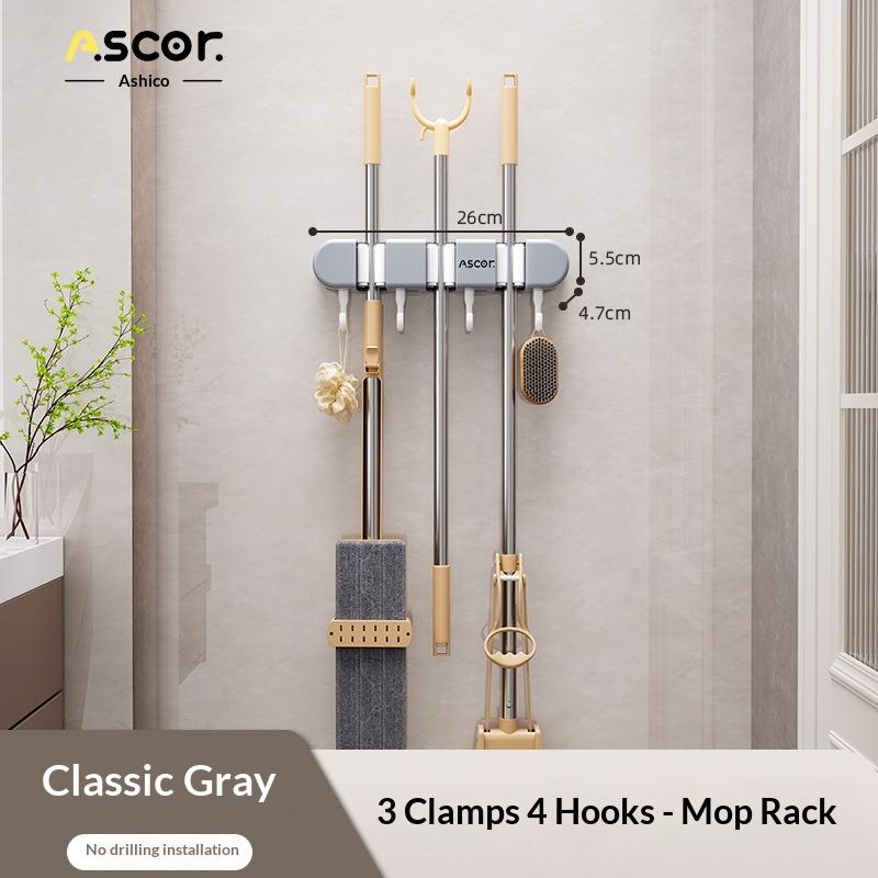 

Wall Mount Mop and Broom Organizer Strong Mop Holder Rack No Drilling with Hooks for Kitchen Bathroom Door Home