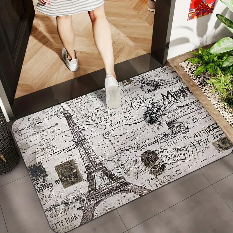 1pc Vintage Paris Eiffel Tower Stamp Manuscript Doormat, Flannel Material with 0.4-inch Thickened Sponge Filling, Non-Slip, Wear-Resistant, and Machin