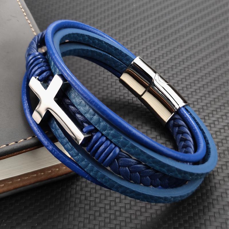 New Arrival Classic Stainless Steel Blue Cross Braided Genuine Leather Bracelets Magnetic Clasp Mens Charm Bangles Wholesale