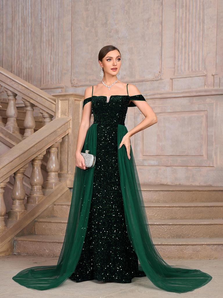 Elegantes Damen Pailletten Abendkleid mit langer Schleppe für Hochzeitsfeier & Abschlussball
