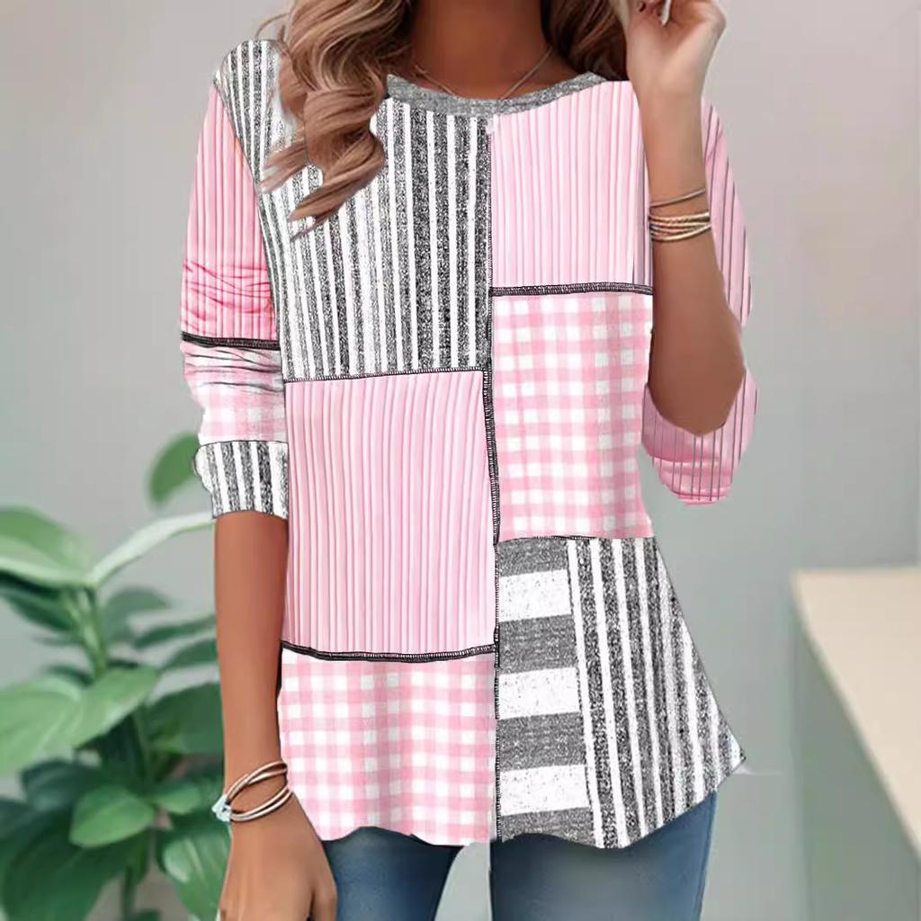 Autumn and Winter Long Sleeved Round Neck Retro Plaid Style Women's T-shirts