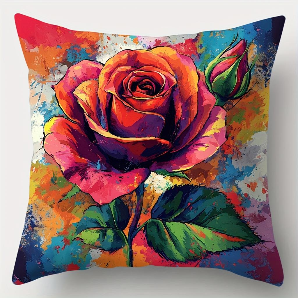 Artistic Floral Style Pillow Covers, Playful Paint Splatter Rose Print Cushion Cases, Cozy Home Decor For Bedroom Living Room