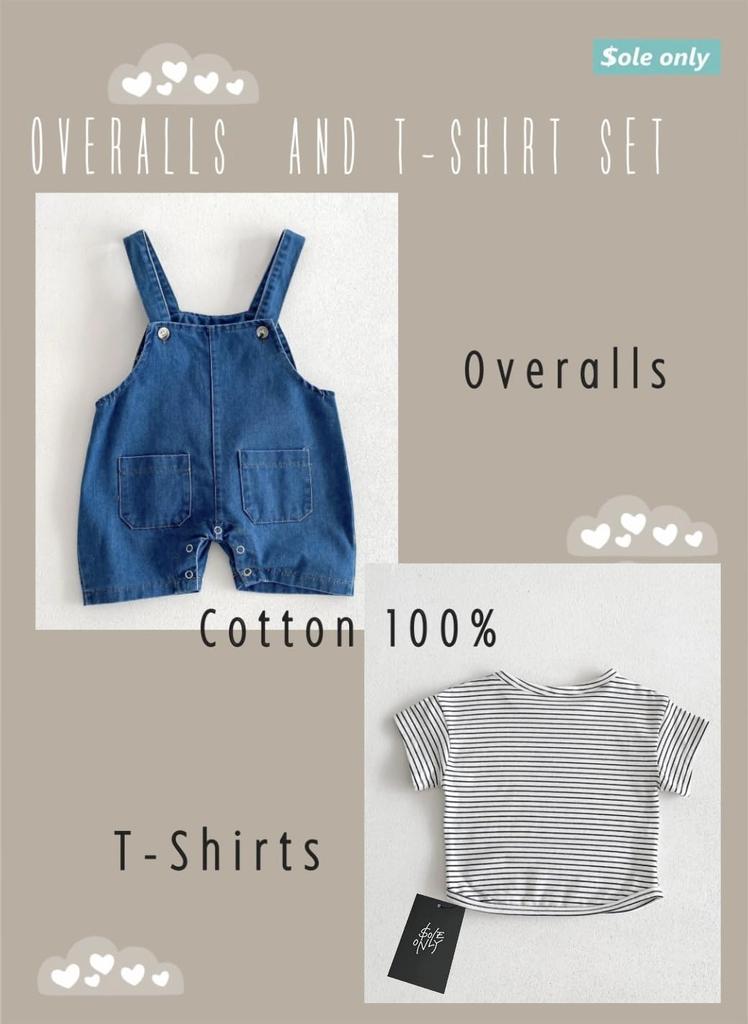 Sole Only Overalls Set Denim Striped Rabbit Tail Removable Tail Rabbit Ears Hook and Loop Cotton Soft Cute Top and Bottom Set Baby Boys Girls Overalls