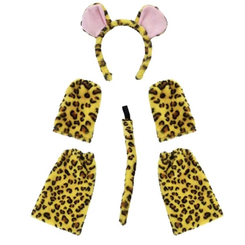 Deer/Elephant/Cheetah/Bear/Dog/Leopard Costume Set Ear Headbands Tail Bows Halloween Christmas Animal Cosplays Costume