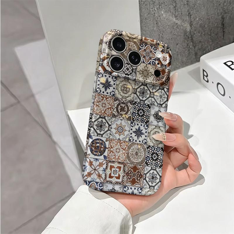 Vintage Moroccan Geometric Patchwork Tile Art Graphic Film Aesthetic Protective Shockproof Bumper Phone Case Cover For iPhone 14 15 16 Pro Max Plus