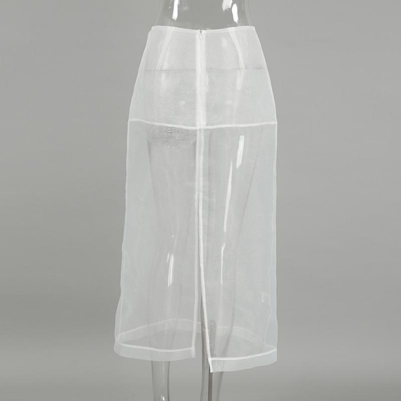 Fustă Sexy din Plasă Transparentă Femei Alb Talie Înaltă Fantă Largă Fuste Lungi Toamnă Modă de Stradă Club Petrecere Fustă Femeie