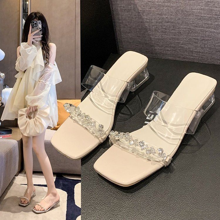 Popular Fairy Style High Heels Royal Sister Style Summer 2025 New High-value Transparent Fairy Rhinestone Cool Slippers