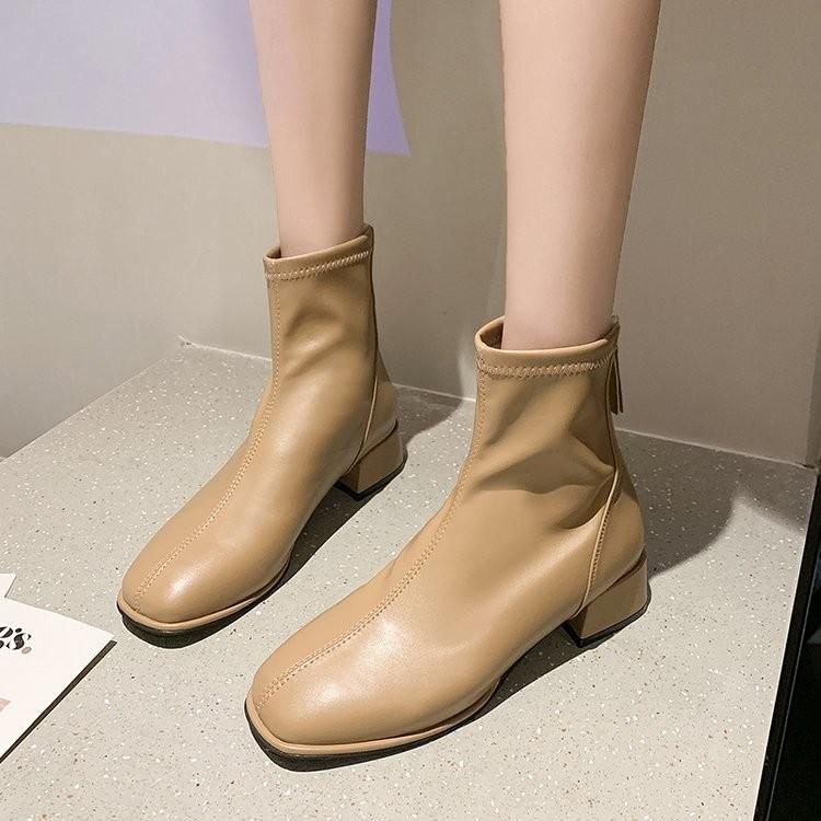 Autumn and winter new Martin boots women's square head mid-heel thick heel short boots versatile rear zipper elastic thin boots