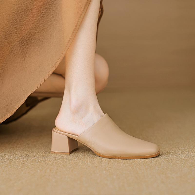 Summer Comfortable Bag Head Slippers Casual Solid Color New High-heeled Slippers Women's Beef Tendon Soft Bottom Soft Leather Cool Slippers