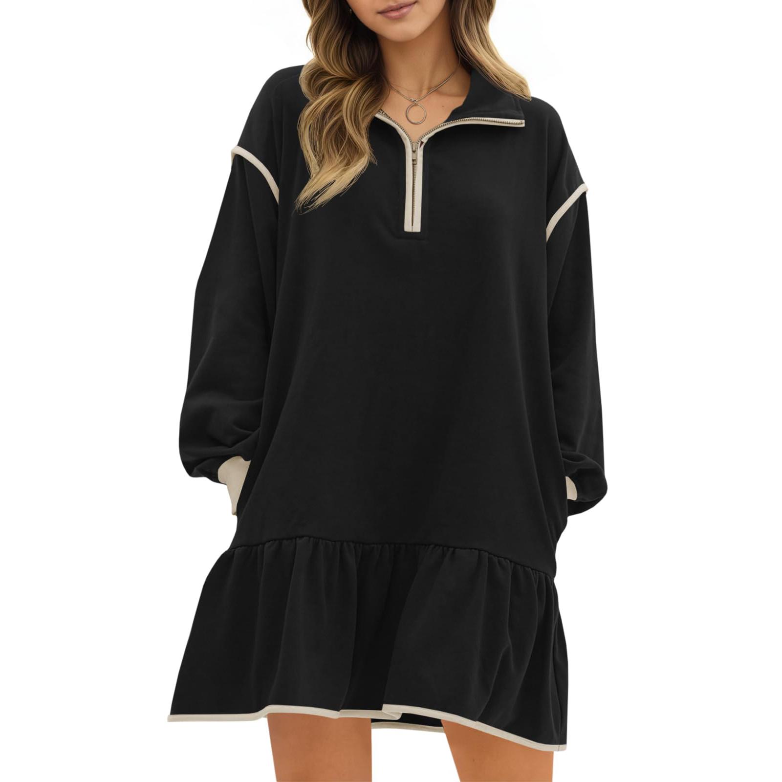 

Womens Fall Oversized Sweatshirt Dress Casual Long Sleeve Zip Ruffle Hem Pullover Dresses S чёрный