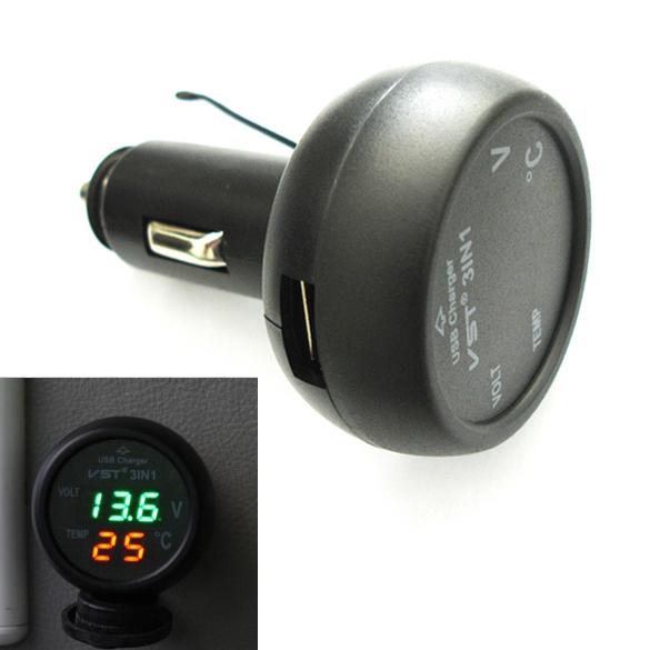 Car Voltmeter Tester 3in1 Digital Voltmeter Thermometer Blue Red LED Display 12/24V 2.1A Cigarette Lighter USB Car Charger