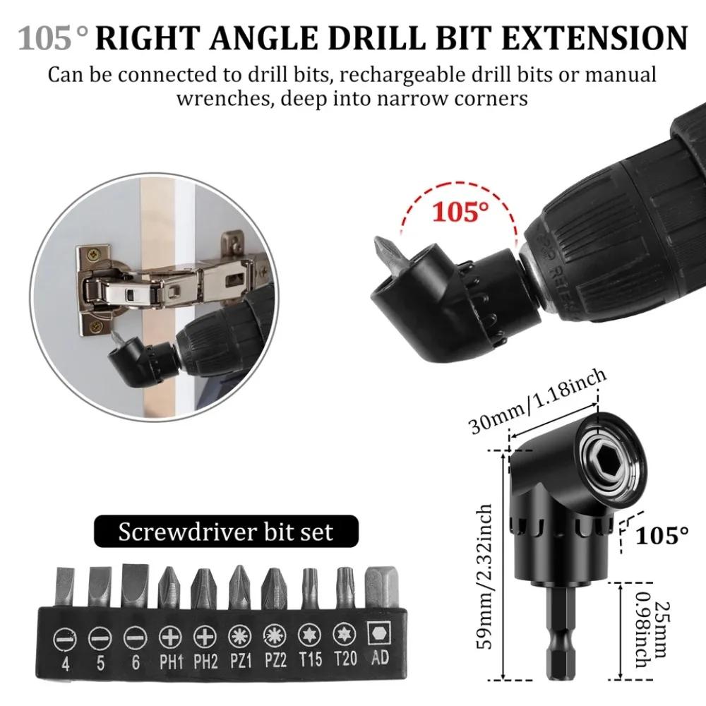 Flexible Drill Bit Extension Set Rotatable Socket Adapter Hex Shank 105° Right Angle Drill Screwdriver 90° Angled Bit Kits