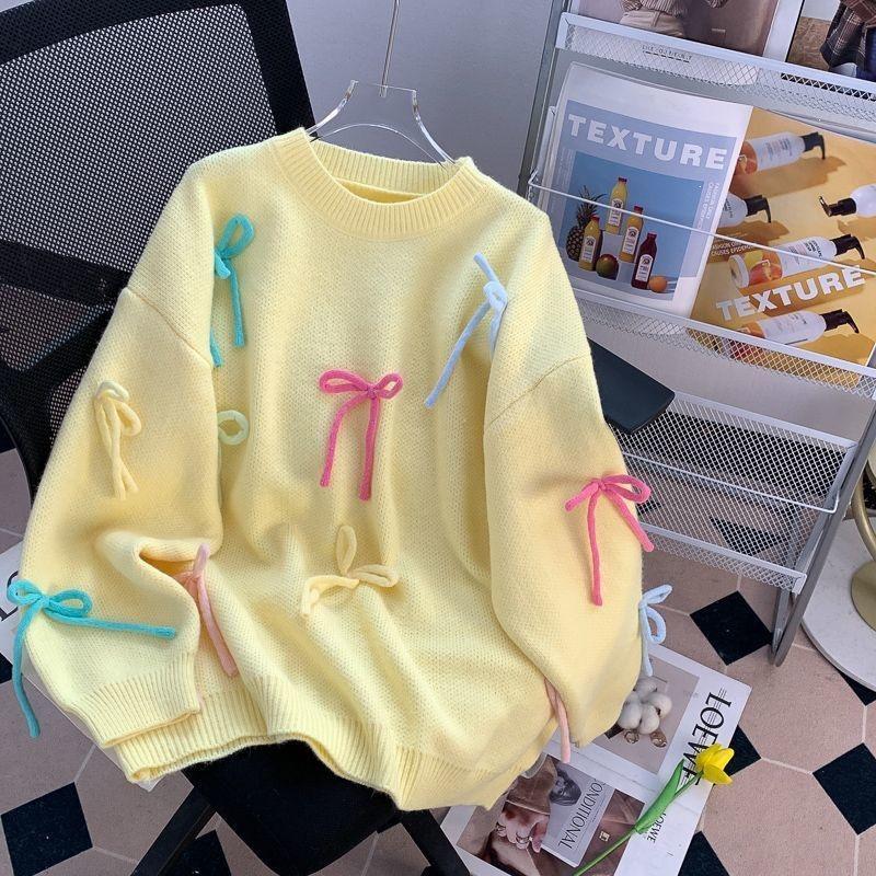 Women's Pink Bow Lazy Style Knit Sweater - Cozy Autumn/Winter Loose Fit, Sweet Age-Reducing Outerwear.