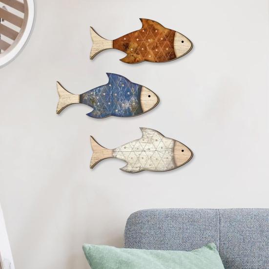 3 Pcs Rustic Wood Fish Wall Art Beach Nautical Wall Hanging Decor Ocean Fish Wall Sculpture for Home Bathroom Living Room