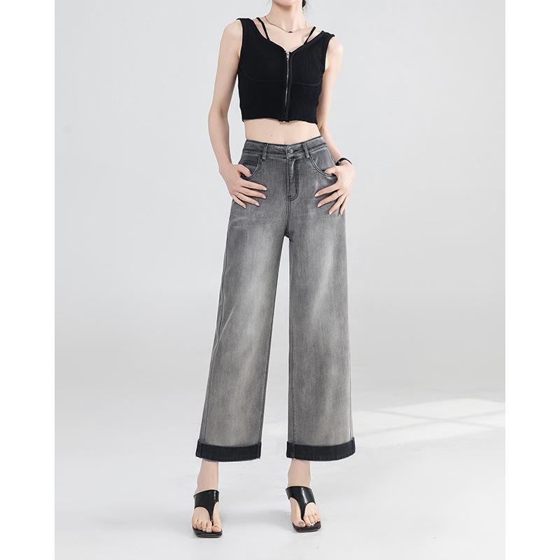 Cold Gray Nine-point Wide-leg Jeans for Women In Summer New Loose Slim Pants Small Straight Pants